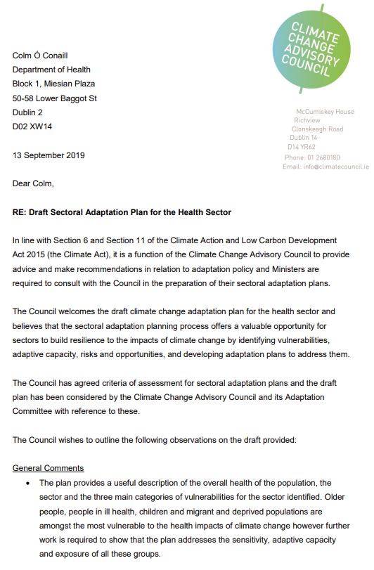 Letter to the Department of Health regarding Draft Sectoral Adaptation Plan